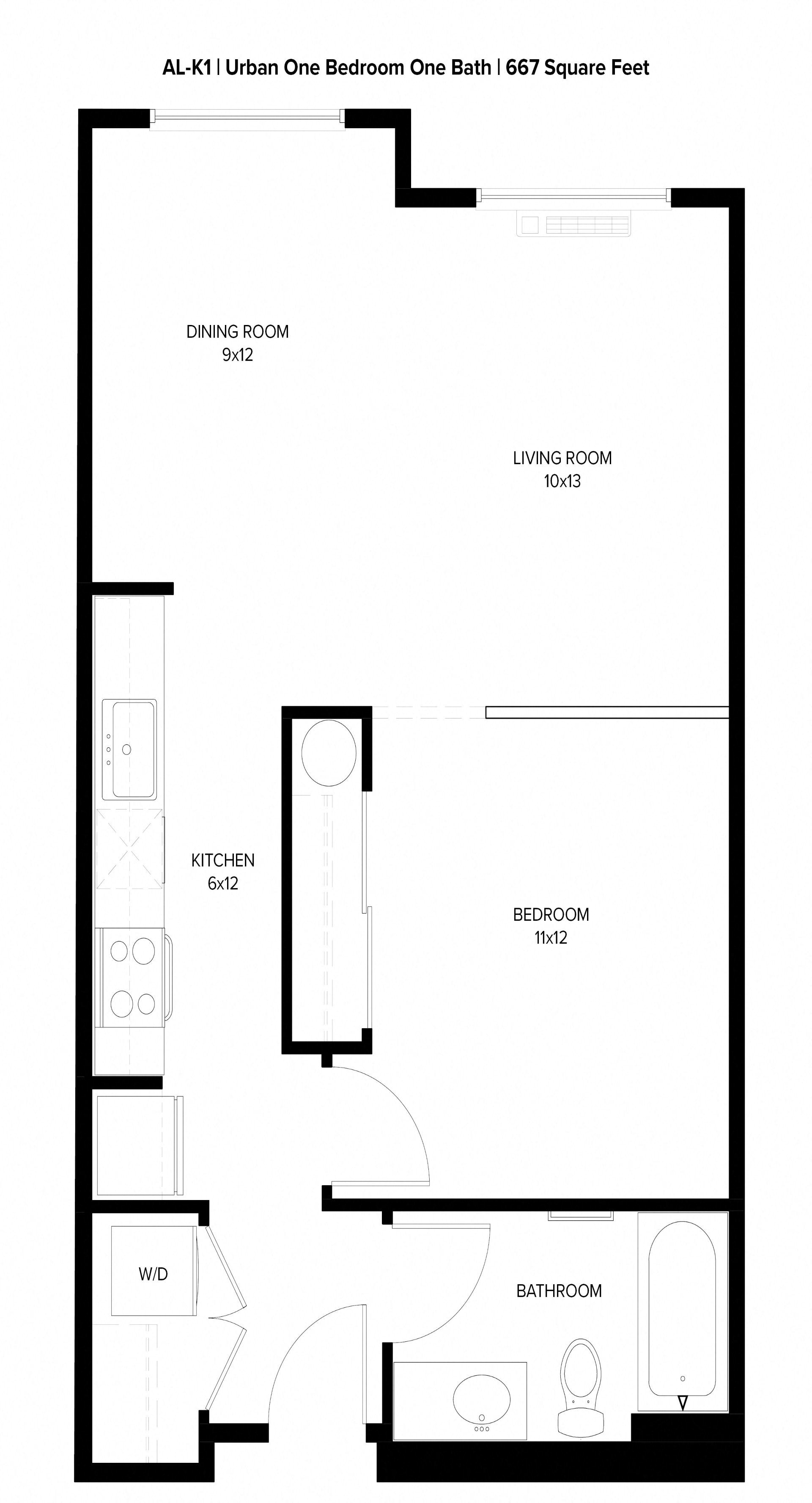 Floor plan for 1 bed, 1 bath, 667 sqft